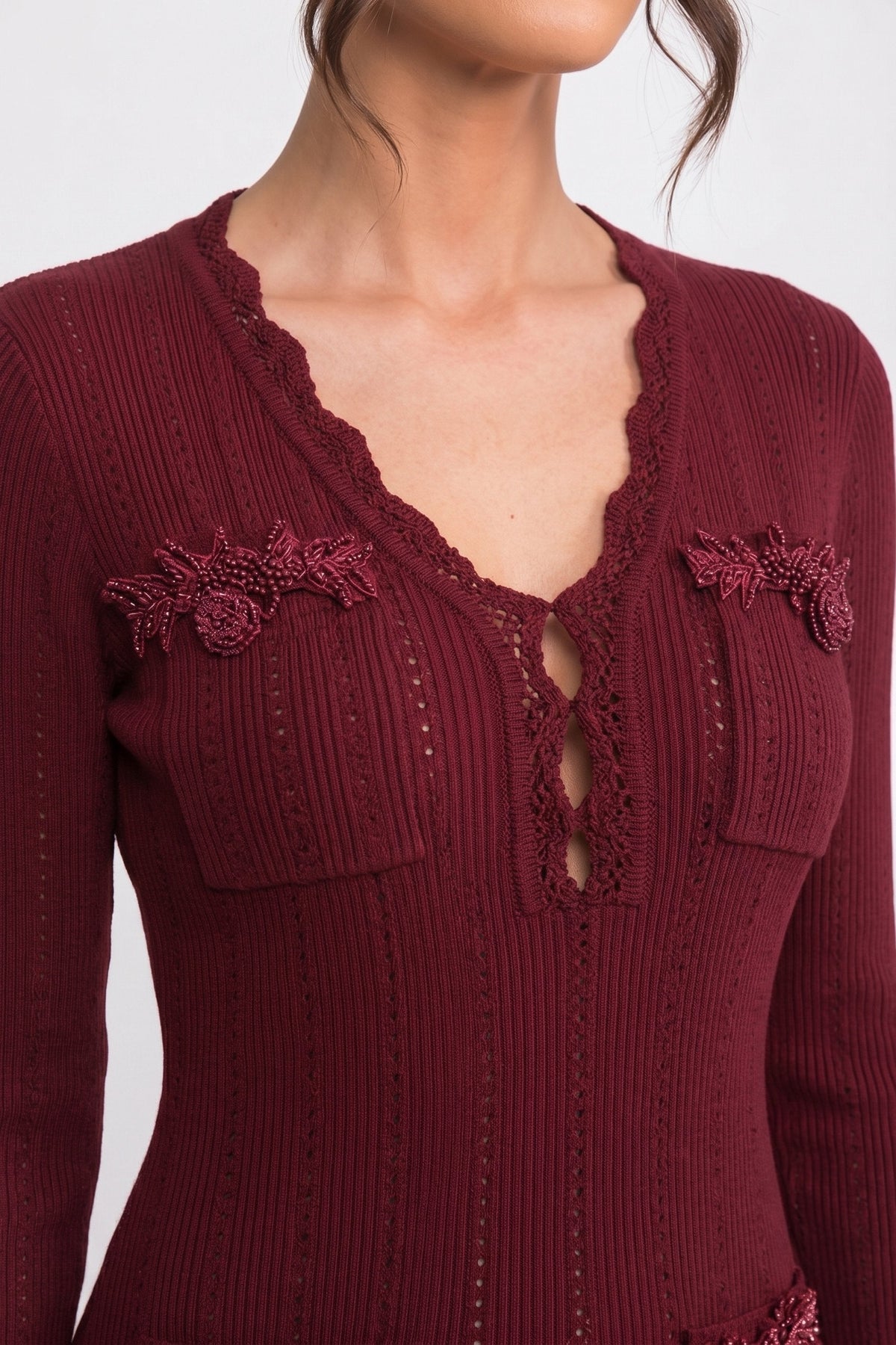 Long-Sleeve V-Neck Knit Mini Dress - Burgundy - View 4