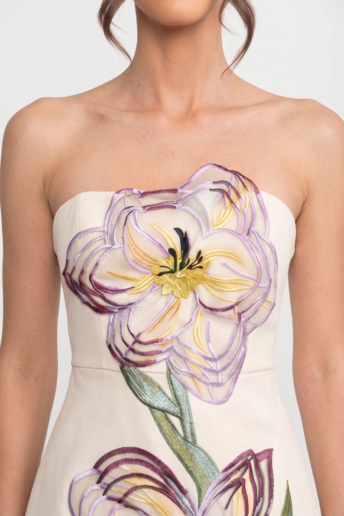 Strapless Mini Dress With 3D Iris Floral Appliqué - White - View 6