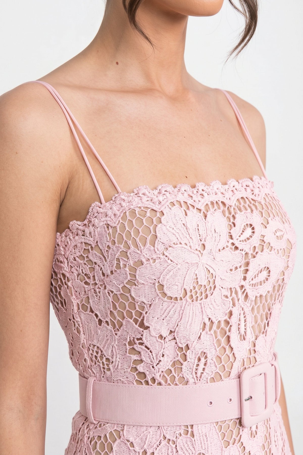 Lace Midi Dress With Belted Waist And Flounce Hem - Pink - View 6
