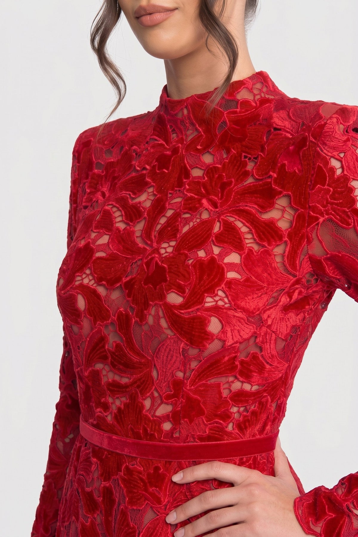 Long-Sleeve Lace Mini Dress With High Neck And Scalloped Hem - Red - View 5