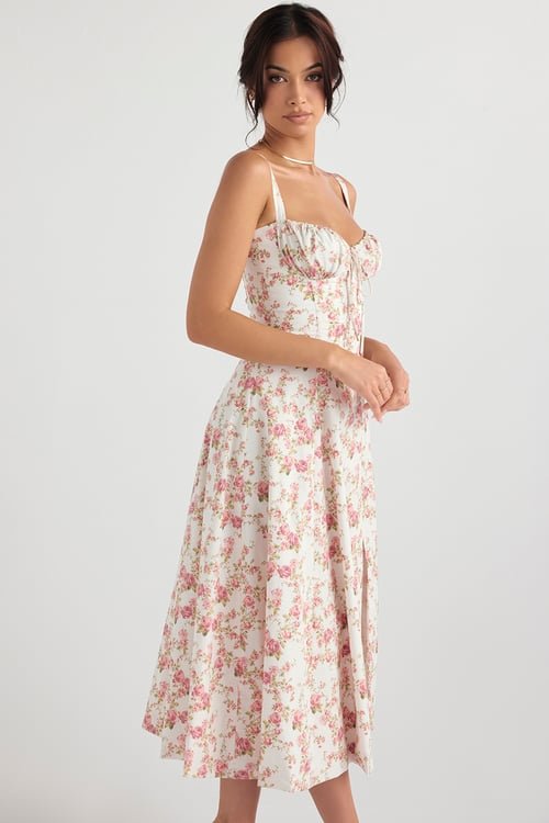 Floral Print Sweetheart Bustier Spaghetti Strap High Split Midi Dress - View 3