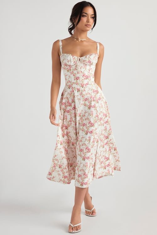 Floral Print Sweetheart Bustier Spaghetti Strap High Split Midi Dress - View 4
