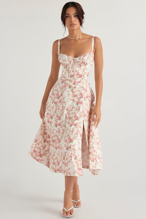 Floral Print Sweetheart Bustier Spaghetti Strap High Split Midi Dress