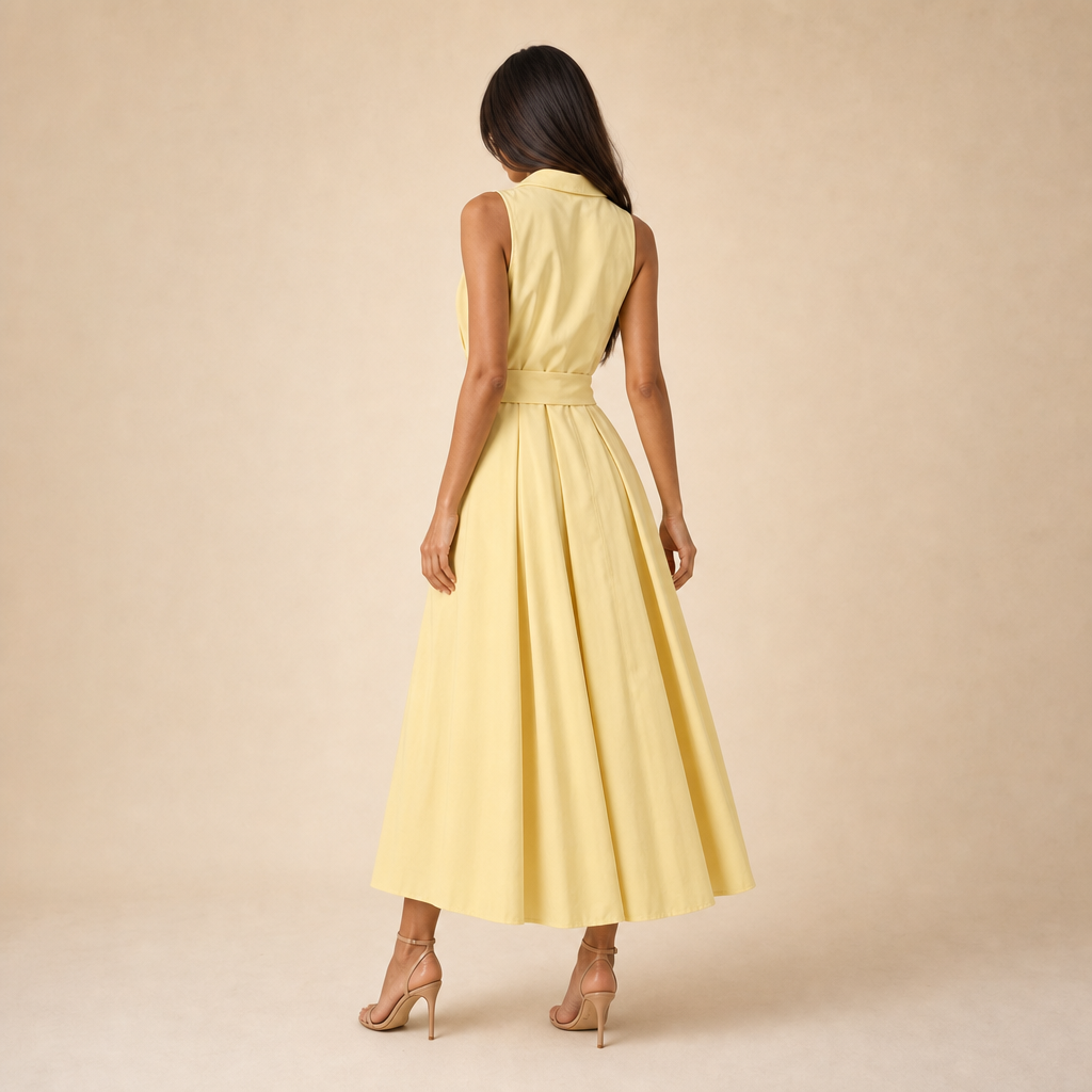 Collared Sleeveless Tie Waist Fit and Flare Midi Shirt Dress 4