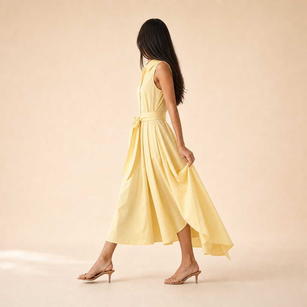 Collared Sleeveless Tie Waist Fit and Flare Midi Shirt Dress 5