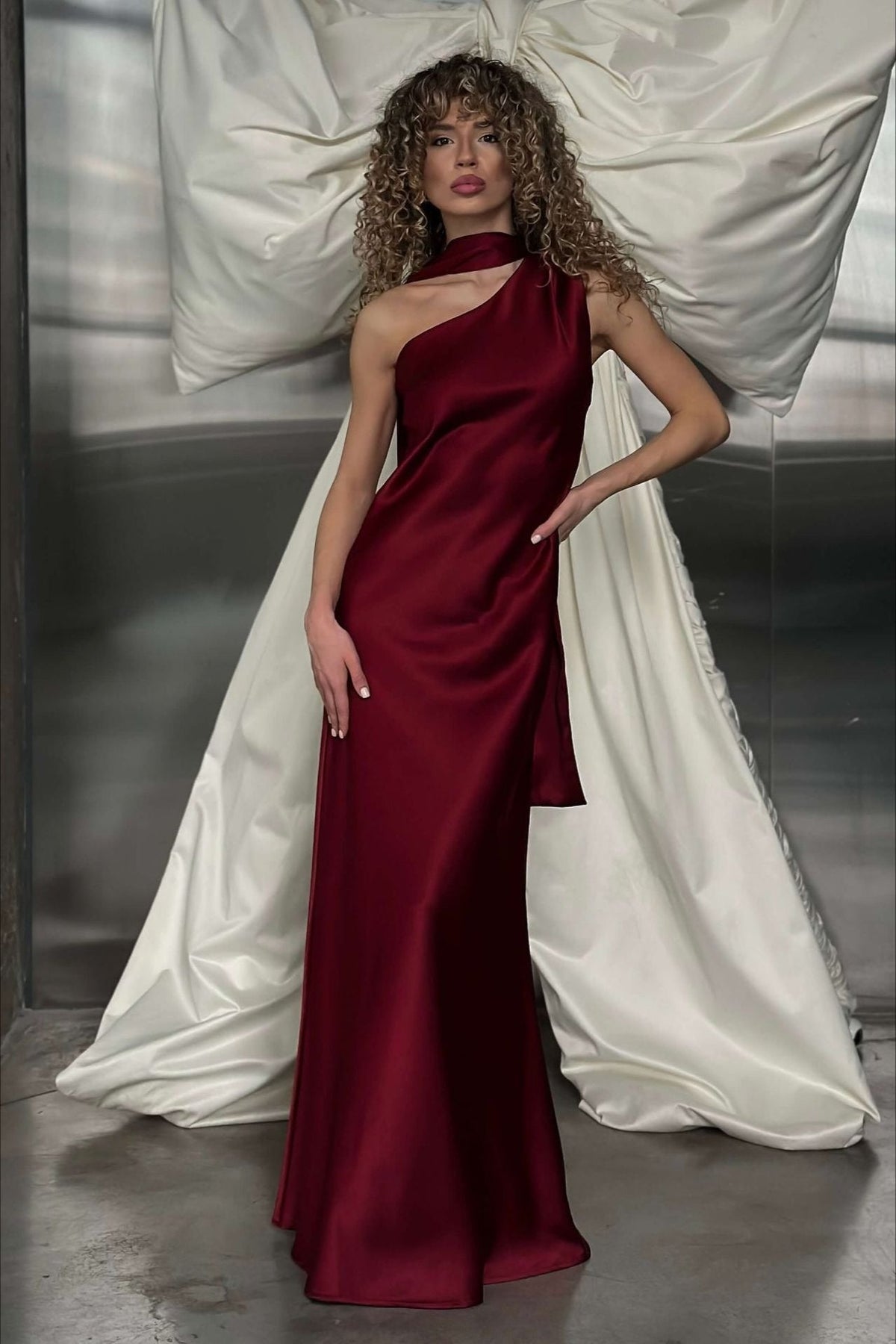 Satin Mock Neck Sash Tie Sleeveless Column Maxi Gown - View 7
