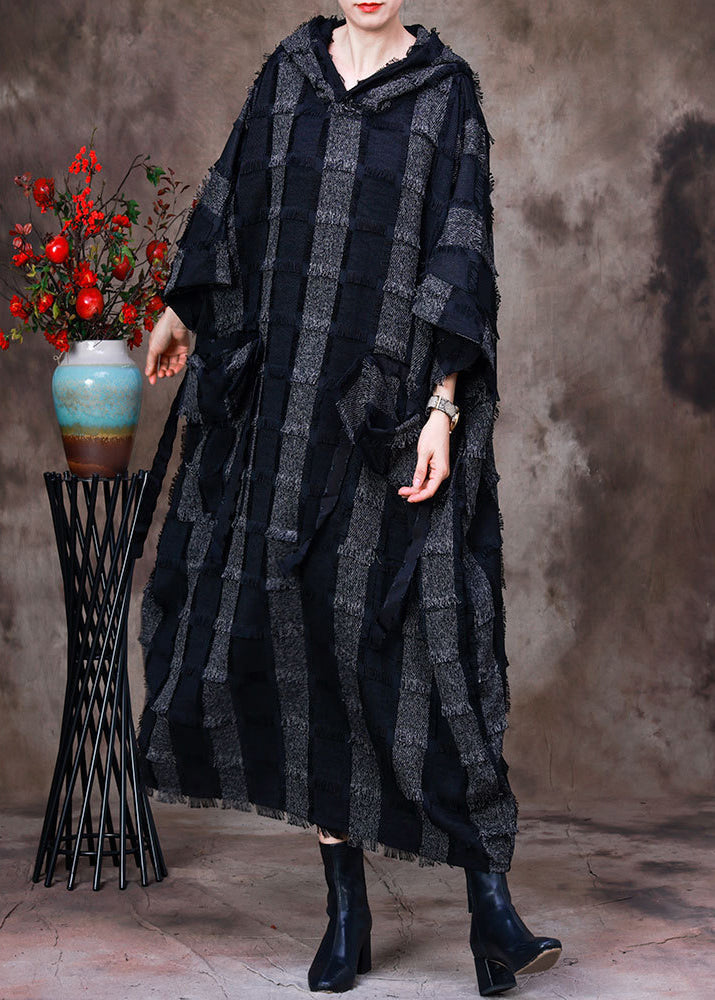 Hooded Patchwork Frayed Edge Pocket Drop Shoulder Maxi Dress - View 3