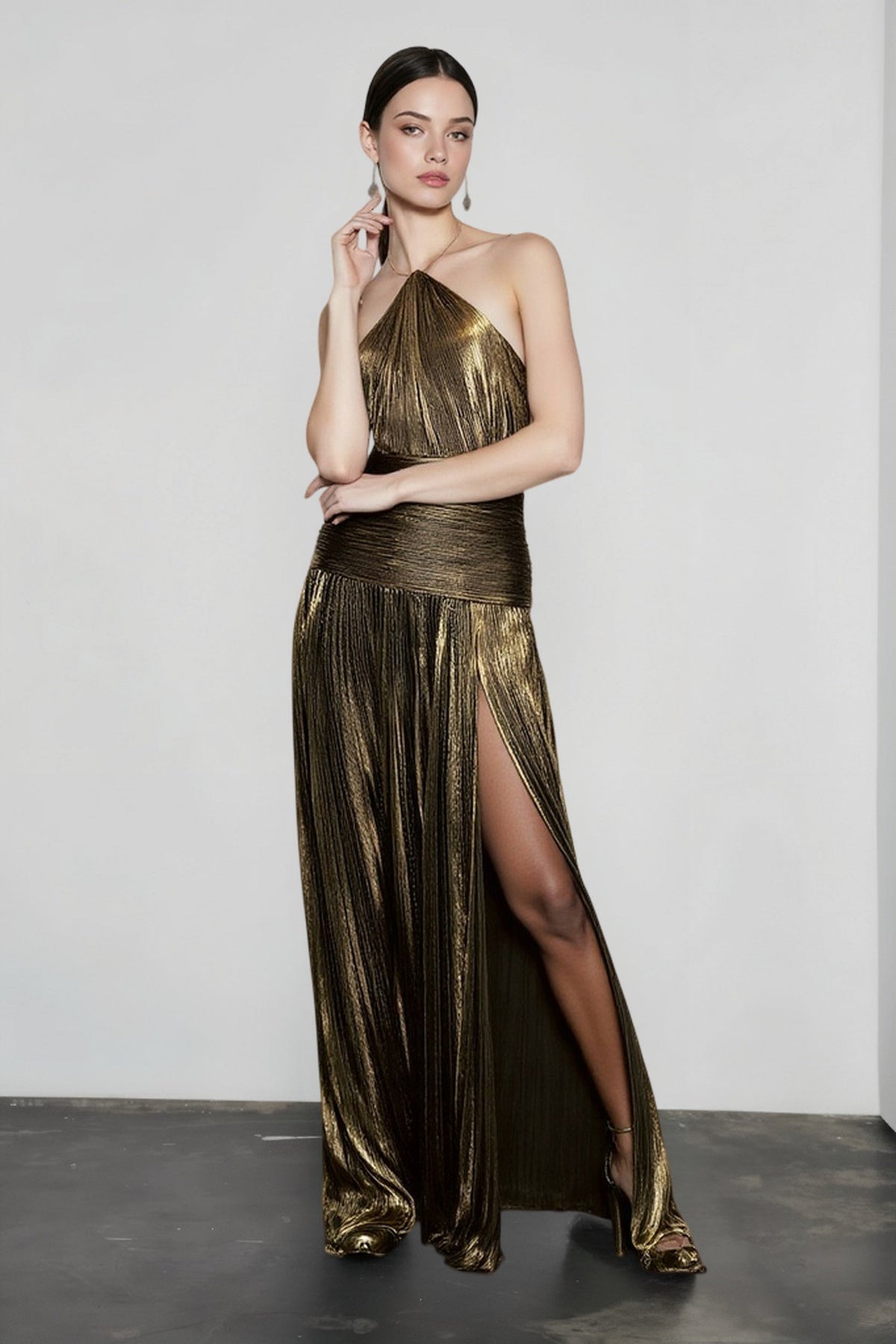 Halter Neck Ruched Waist High Split Metallic Maxi Dress 6