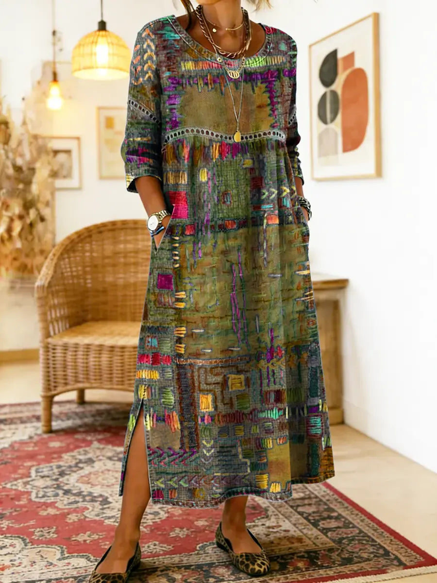 Patchwork Print Round Neck Pocket A-Line Maxi Dress 11