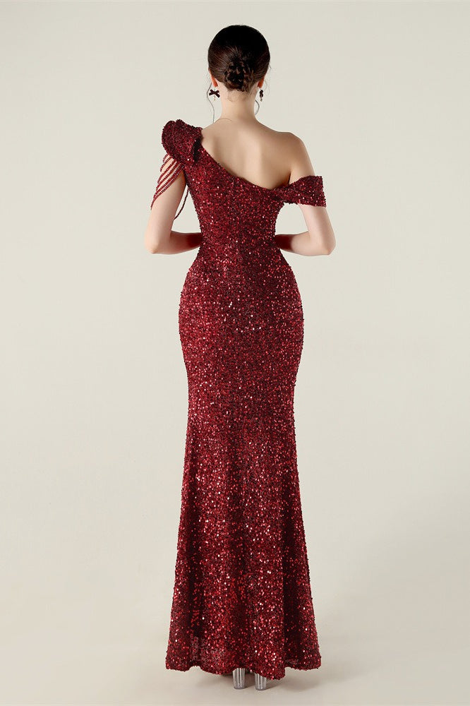Sequin One Shoulder Ruffle High Split Mermaid Gown 36