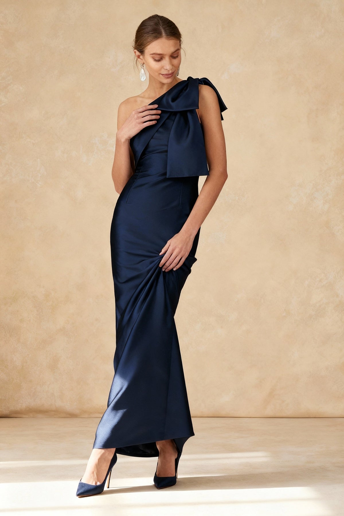 Satin One Shoulder Bow Mermaid Gown - View 3