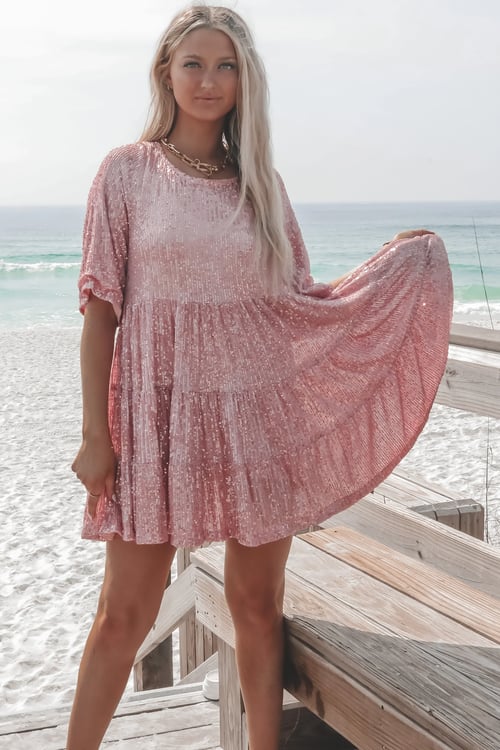 Sequin Crew Neck Short Sleeve Tiered Smock Mini Party Dress - View 5
