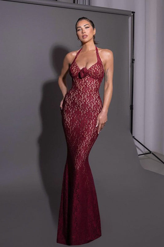 Lace Halter Neck Sweetheart Backless Mermaid Maxi Gown - View 4