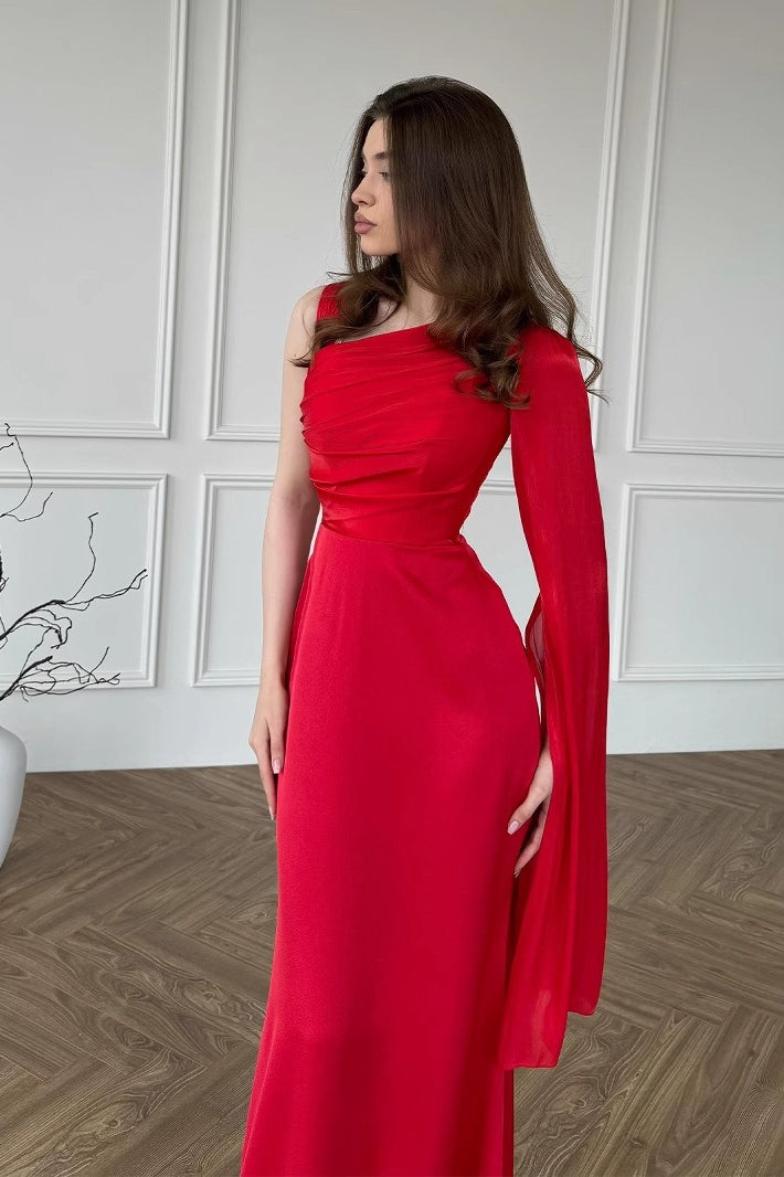 Chiffon One Shoulder Cape Sleeve Ruched High Slit Maxi Dress - View 6