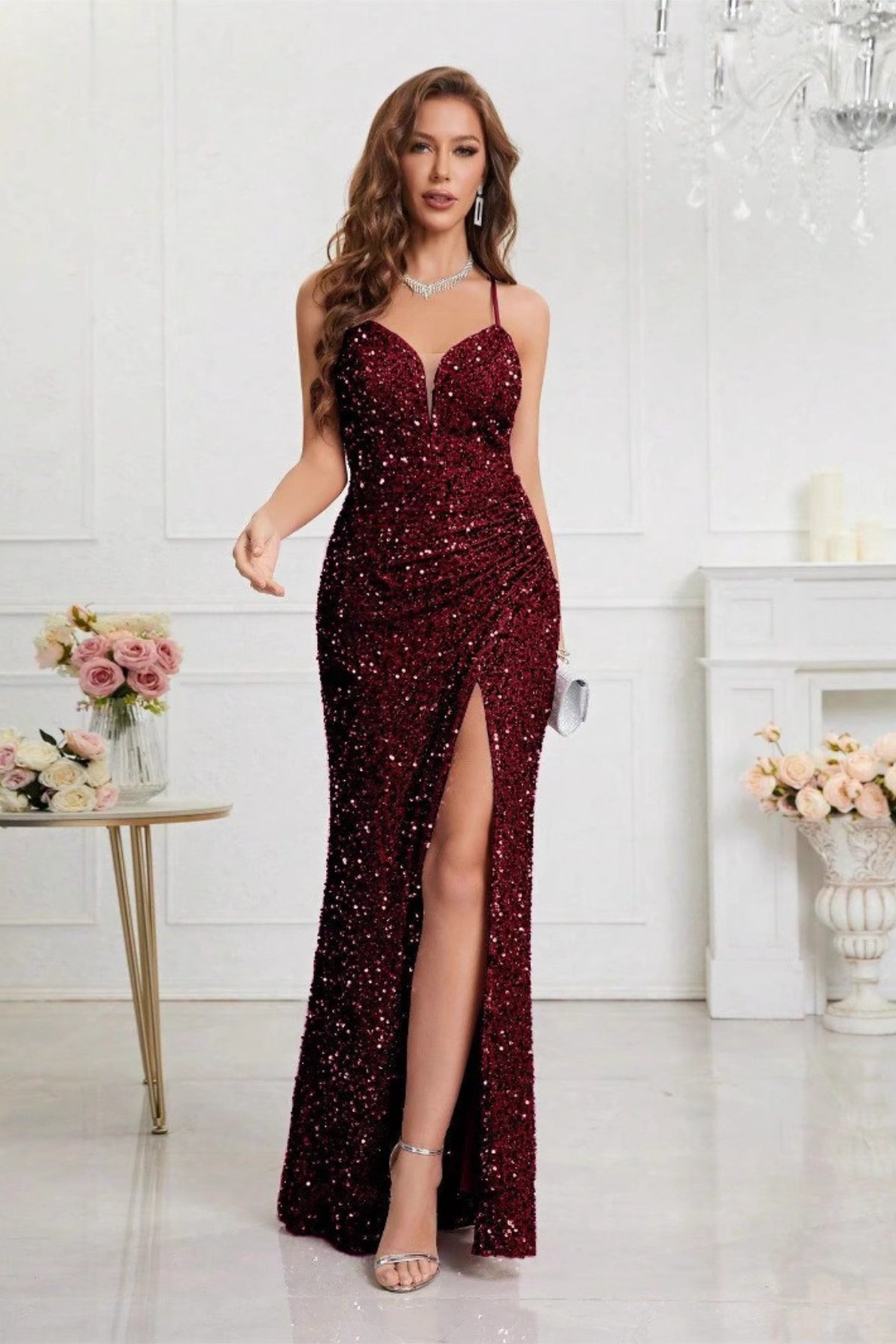 Sequin Spaghetti Strap V-Neck High Split Ruched Maxi Prom Dress - View 11