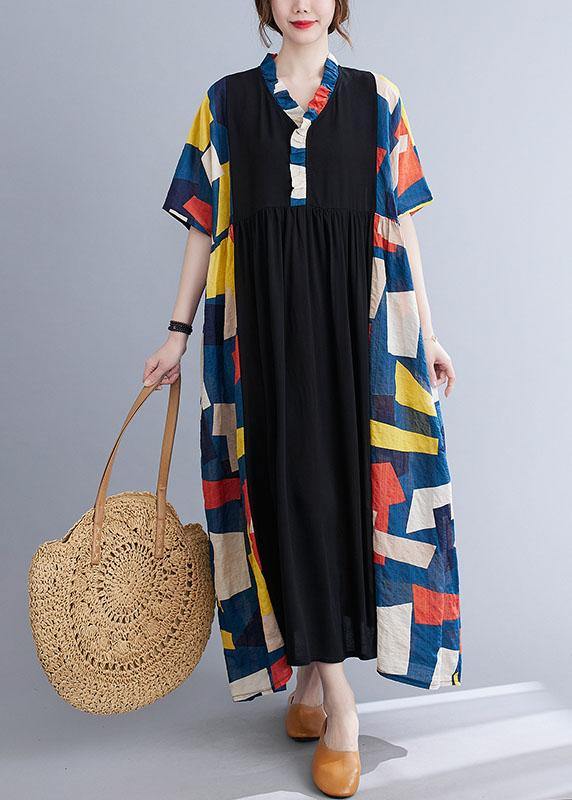 Colorblock Patchwork Ruffle Collar Button Front Maxi Dress - View 2