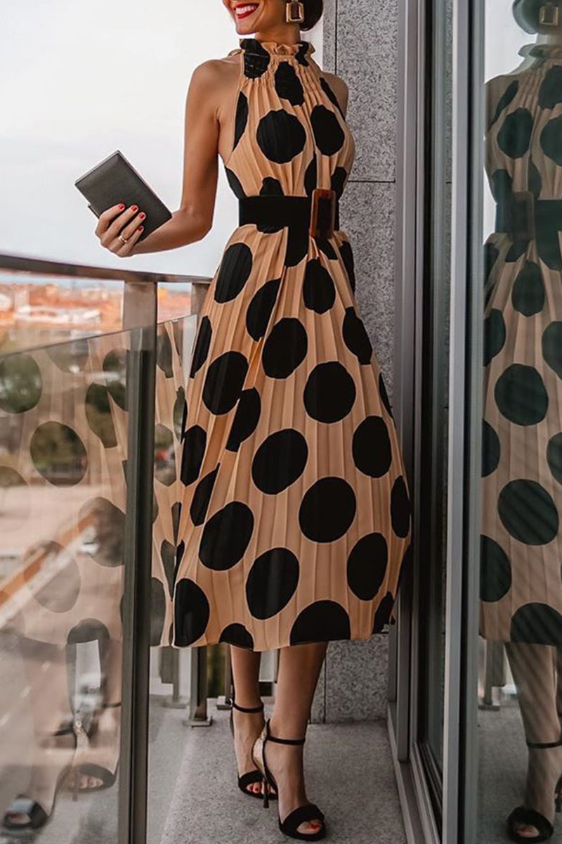 Polka Dot Halter Neck Ruffle Collar Accordion Pleated Midi Dress
