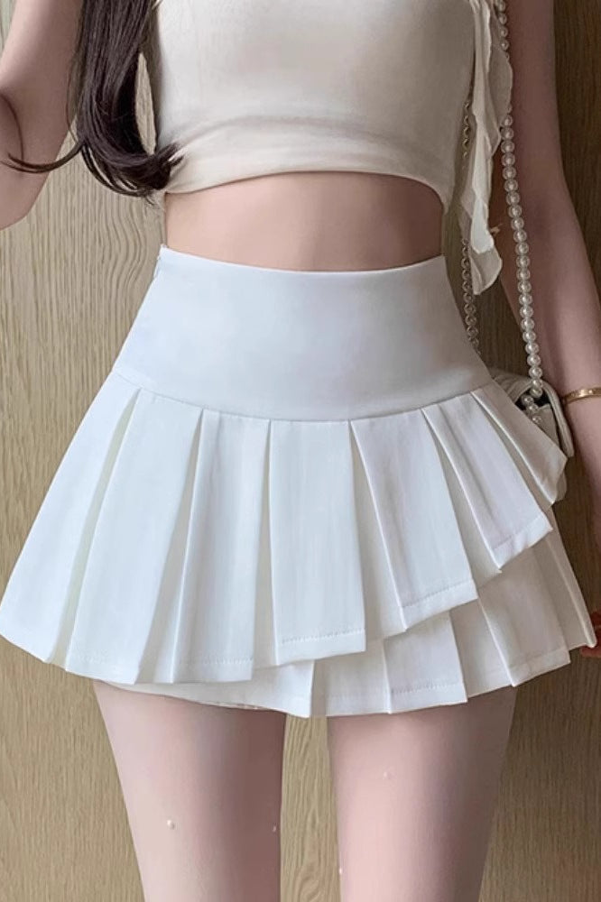 High-Waist Pleated Denim Mini Skort