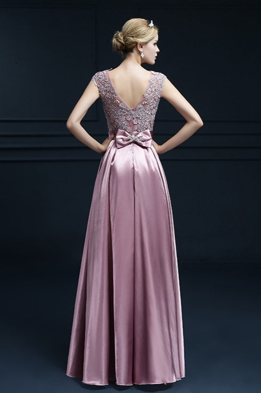 Lace Scoop Neck Sleeveless Satin A-Line Prom Dress - View 3