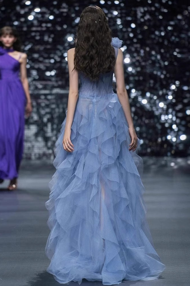 Tulle One Shoulder Bustier Tiered Ruffle Gown - View 2