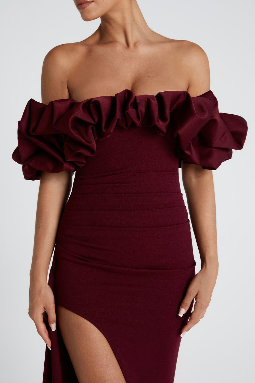Off Shoulder Ruffle Ruched High Split Mermaid Gown - View 4