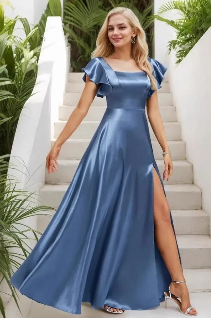 Square Neck Flutter Sleeve Satin High Split A-Line Maxi Dress 2