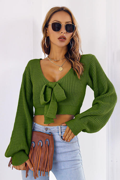 Long Cropped V-Neck Arm Sweater