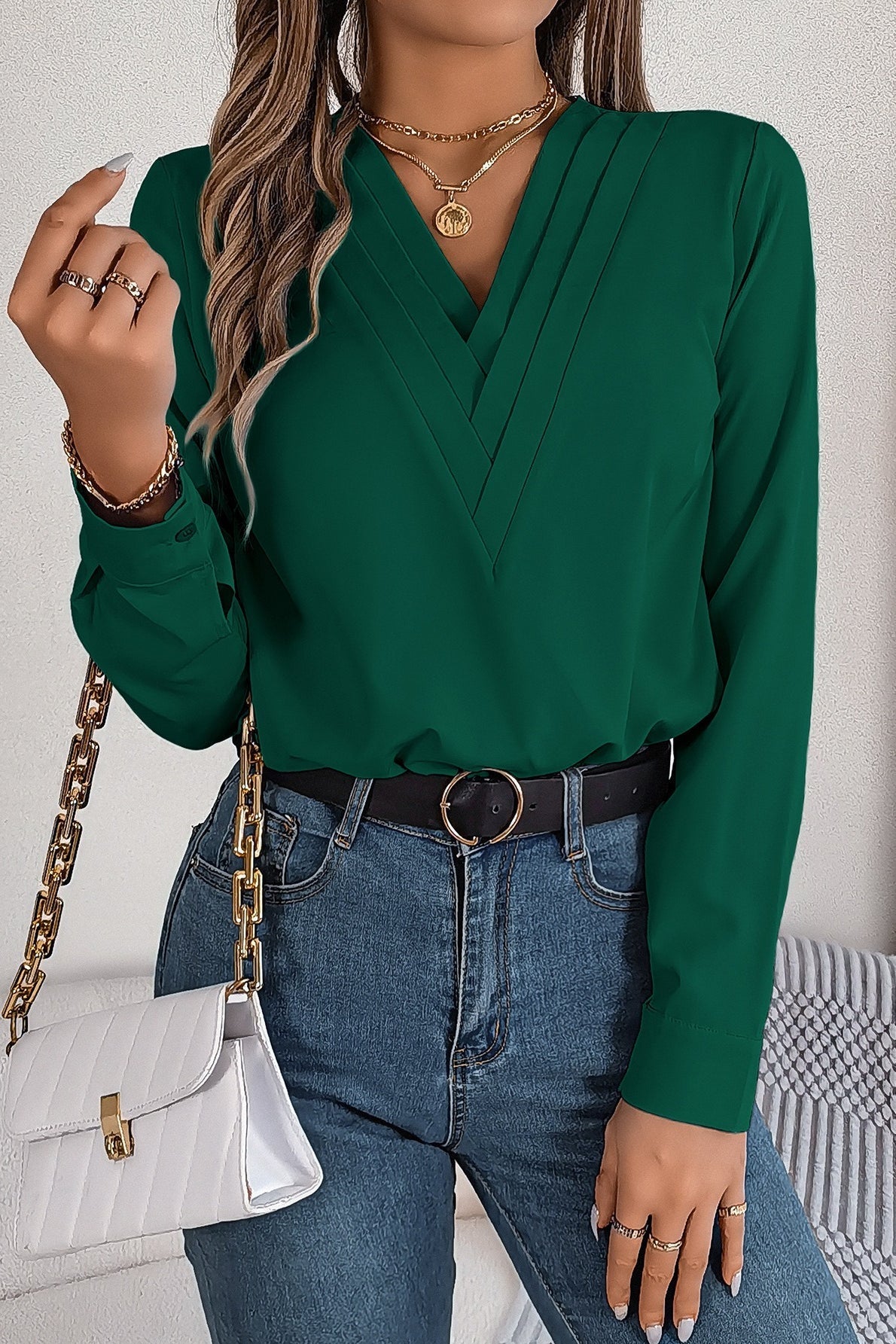 Layered V Neck Elegant Long Sleeve Blouse