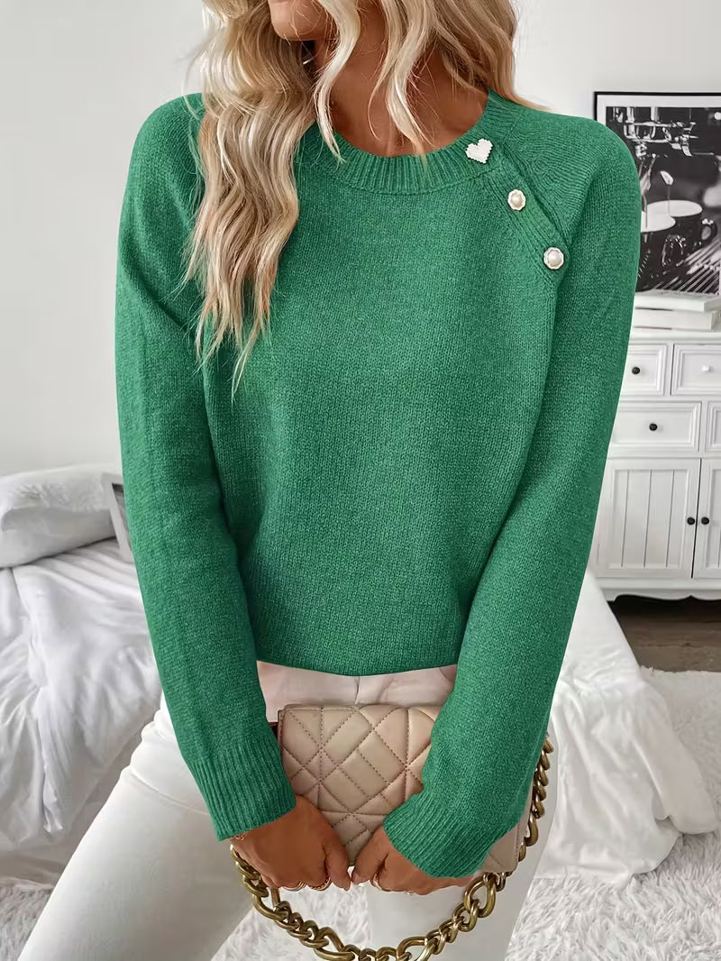 Crew Neck Long Sleeve Shoulder Button Sweater 11