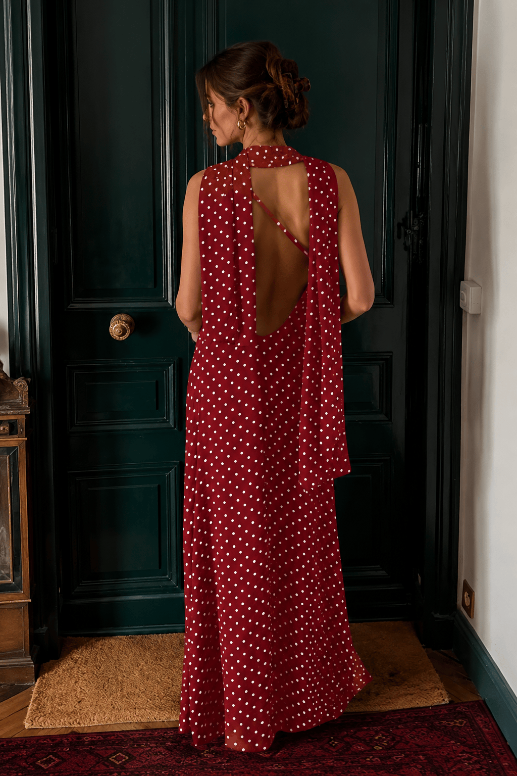 Polka Dot Spaghetti Strap V-Neck Scarf Bias Maxi Dress 8