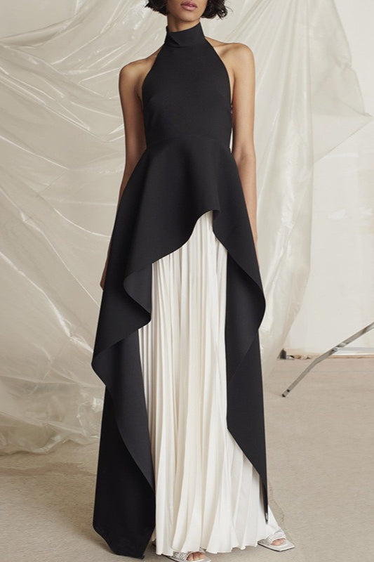 Halter Neck High Low Peplum Pleated Maxi Dress