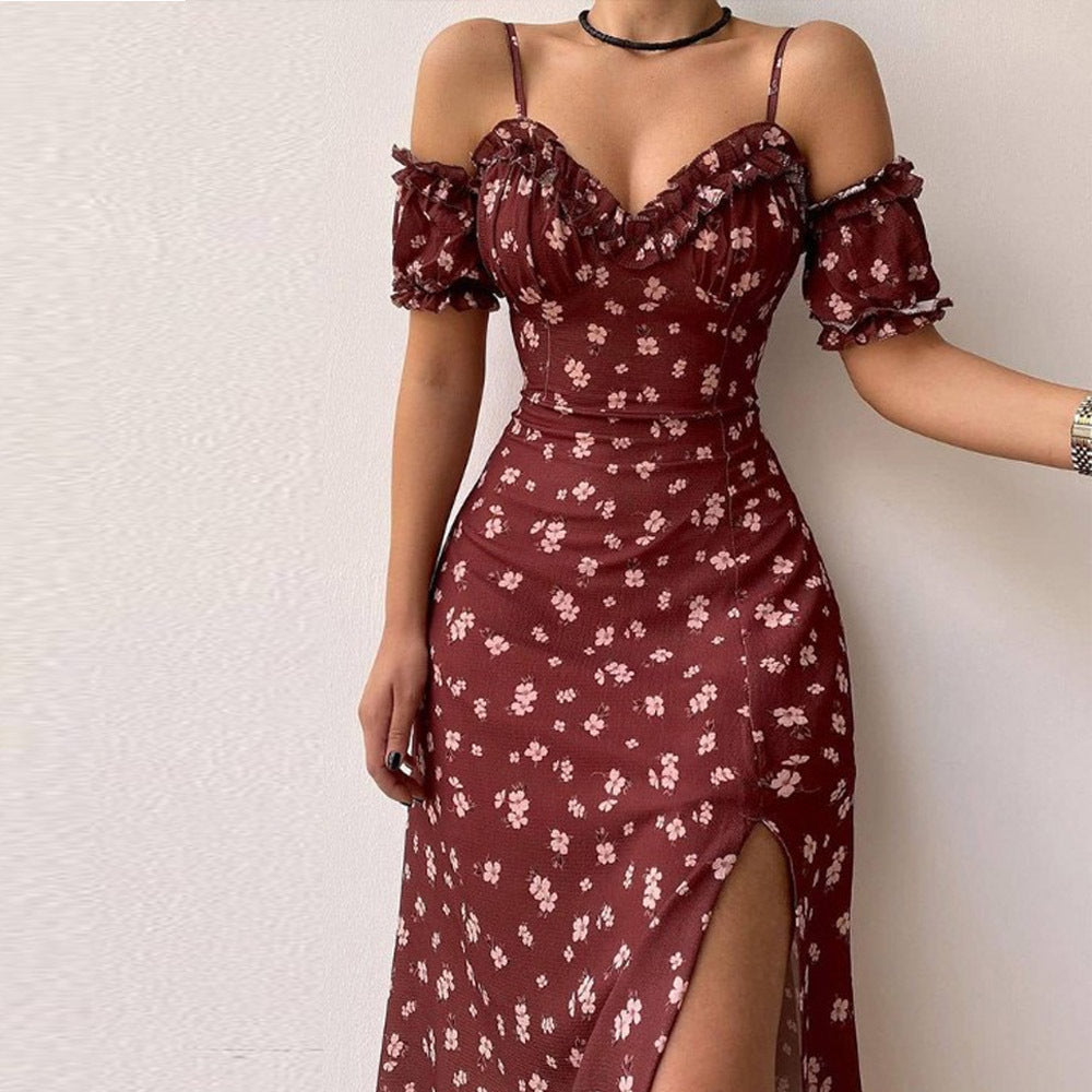 Floral Print Sweetheart Ruffle Cold Shoulder Midi Dress - View 3