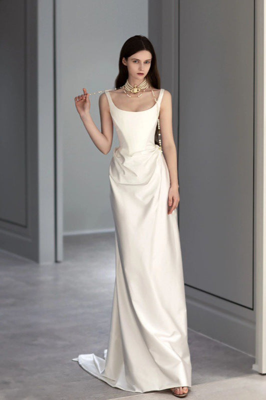 Satin Corset Bodice Wide Strap Draped Skirt Wedding Gown