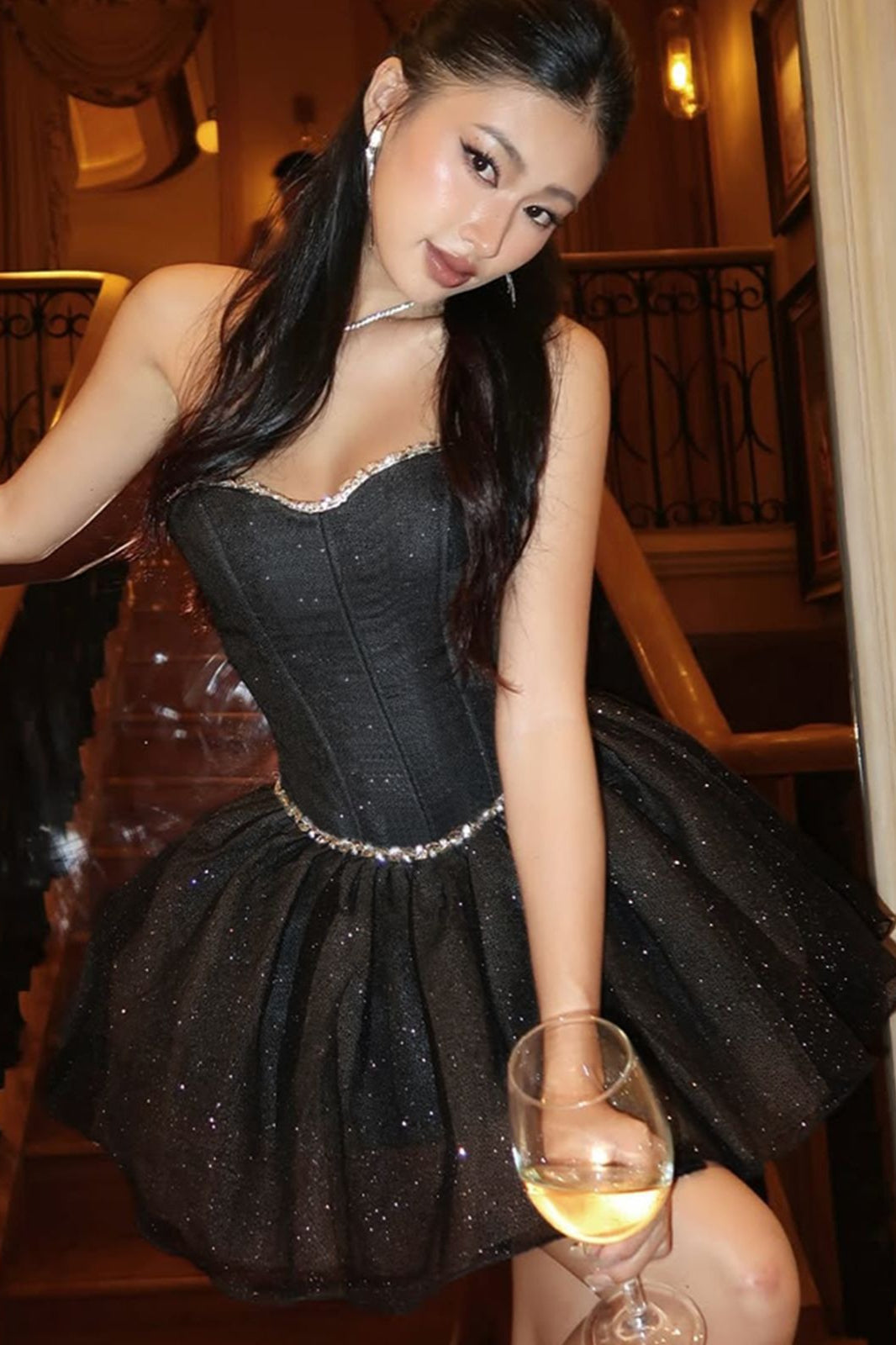 Strapless Sweetheart Corset Rhinestone Tulle Puffball Mini Dress - View 5