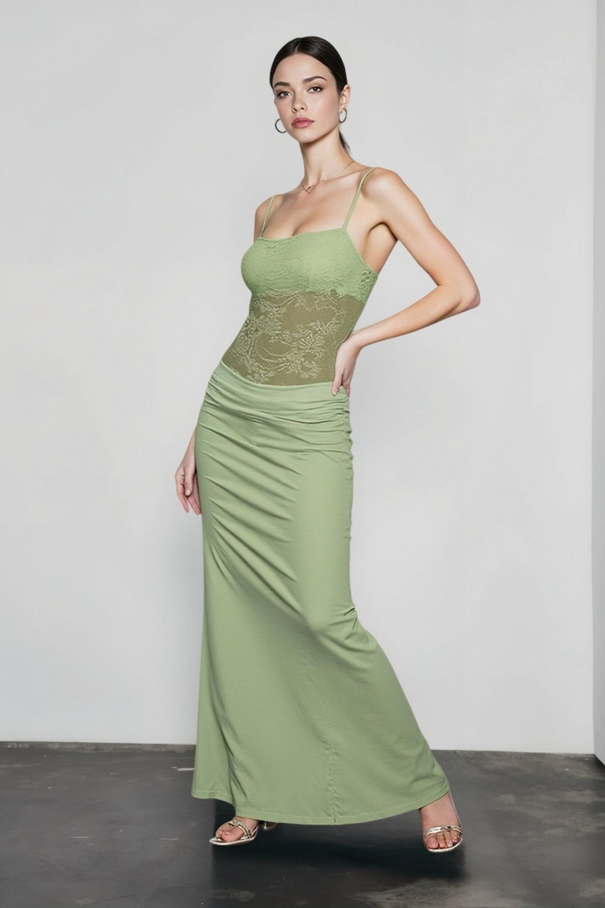Spaghetti Strap Lace Bodice Sheer Ruched Maxi Dress 2