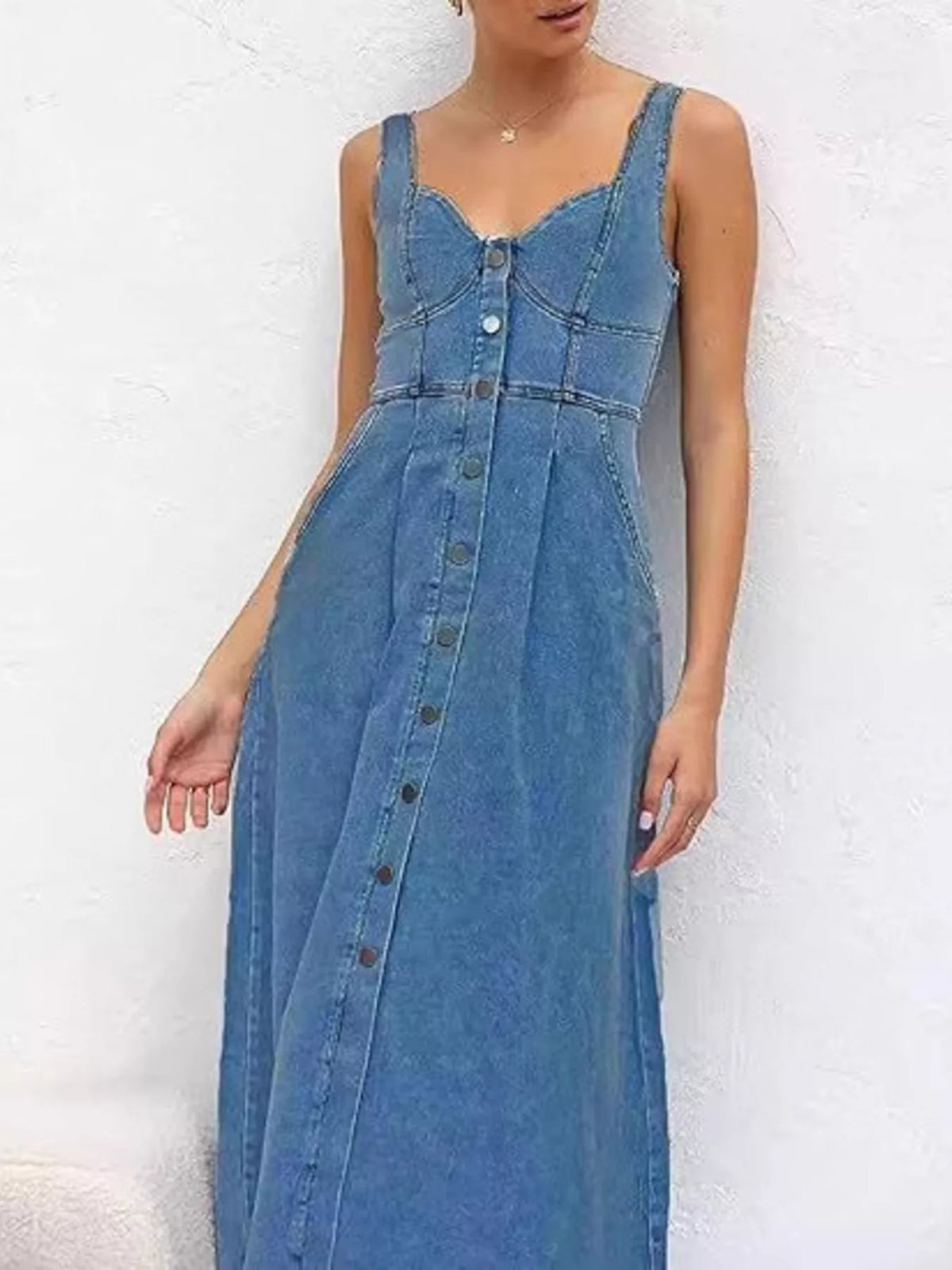 Sweetheart Neck Button Front Denim Look Midi Dress 4