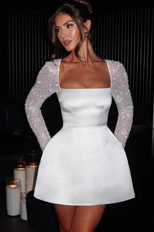 Plunging Solid Square Neck Lace Panel Long Sleeve Cocktail Dress - View 3