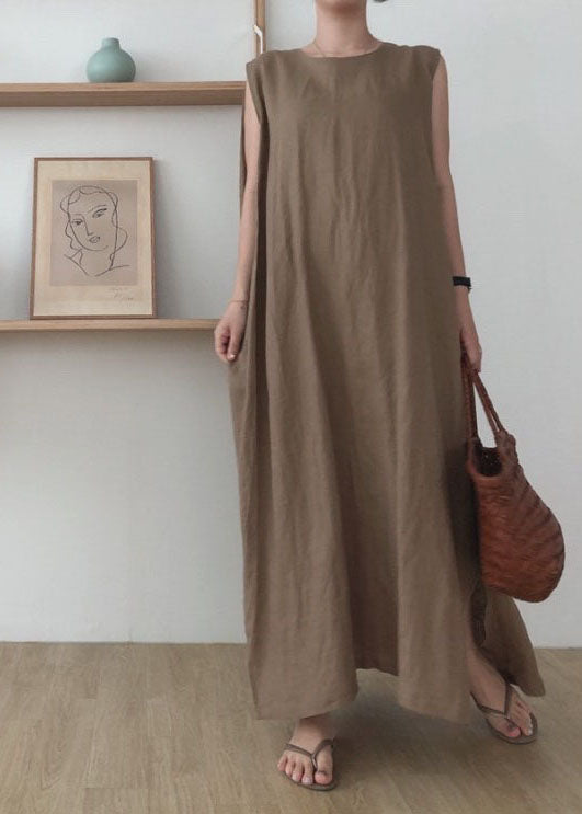Round Neck Sleeveless Side Slit Oversized Linen Blend Maxi Dress - View 3