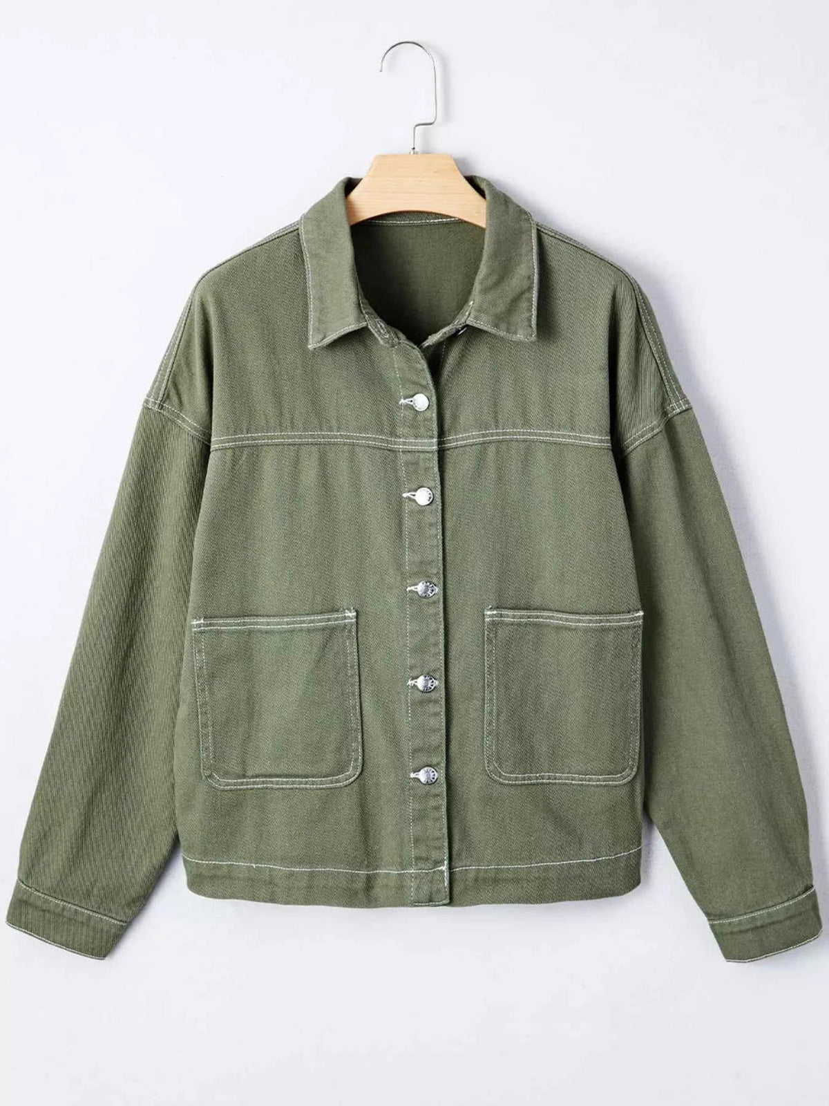 Patched Pocket Collared Button Front Boyfriend Denim