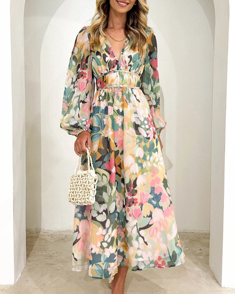 Floral Chiffon V-Neck Long Sleeve Ruched Waist Maxi Dress 4