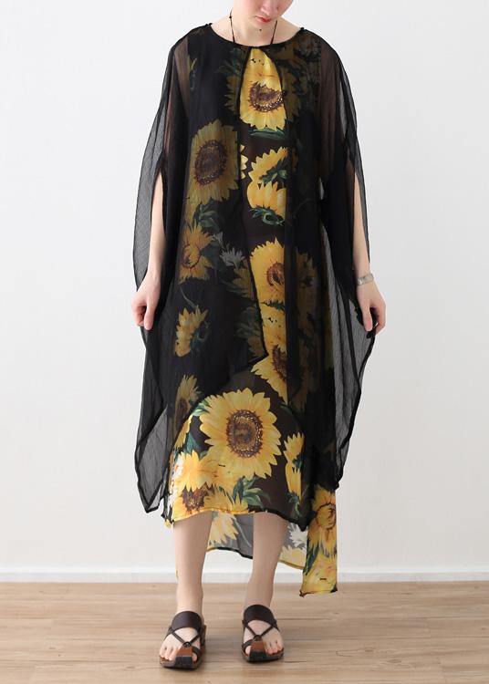 Faux Two-Piece Sunflower Print Sheer Overlay Kimono Sleeve Maxi Dress - View 2
