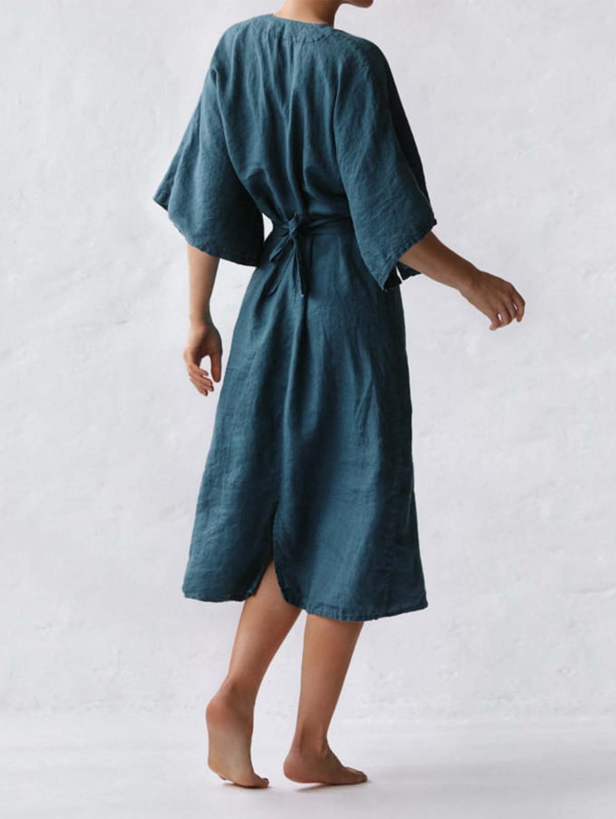 Deep V-Neck Kimono Sleeve Belted Waist A-Line Midi Dress - View 4