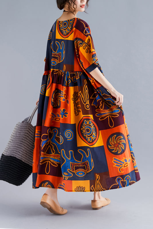 Folk Art Print Empire Waist Short Sleeve A-Line Midi Dress - View 4