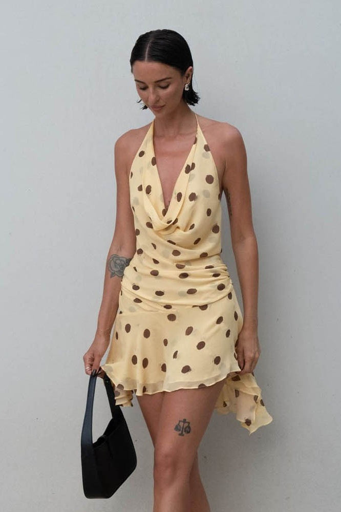 Chiffon halter neck Backless Maxi Dress in Yellow