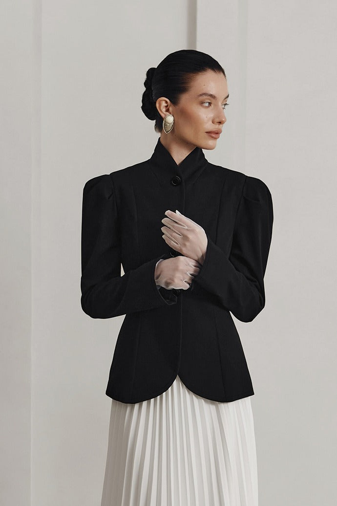 Black Mandarin Collar Puff Sleeve Blazer