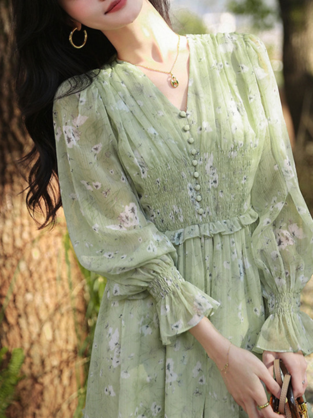 Floral Print V-Neck Button Front Smocked Waist Mini Dress - View 6