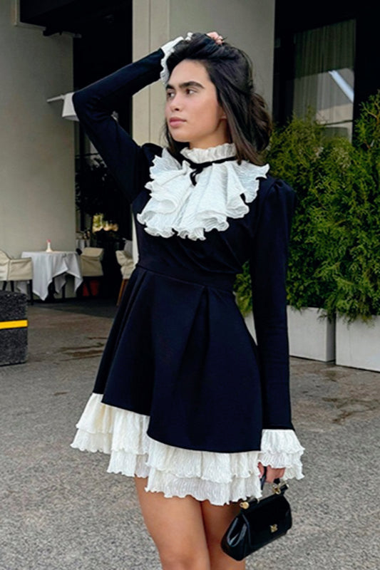 Ruffle High Neck Tie Bow Long Sleeve Fit and Flare Mini Dress - View 4