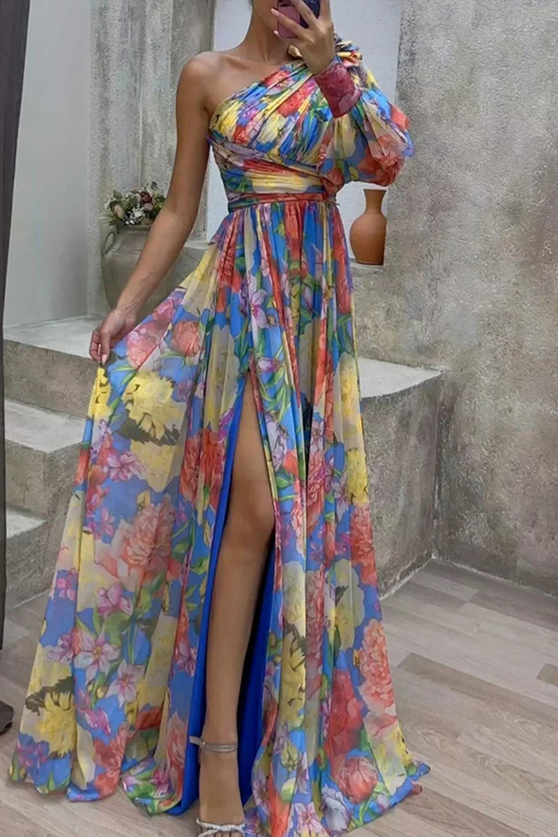 Floral One Shoulder Cut Out High Split Chiffon Maxi Dress - View 4