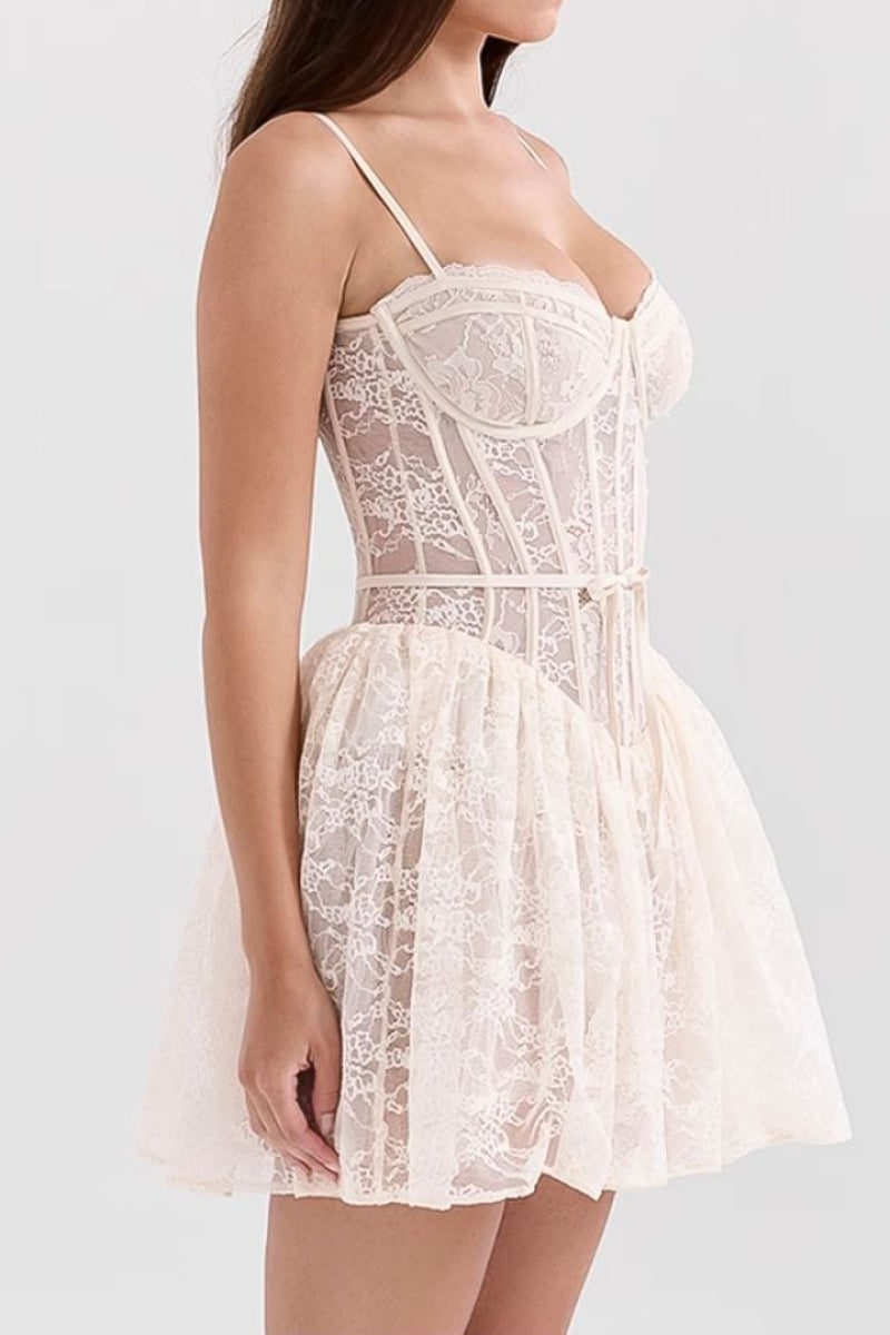 Lace Spaghetti Strap Corset Lace Up Fit and Flare Mini Dress - View 5