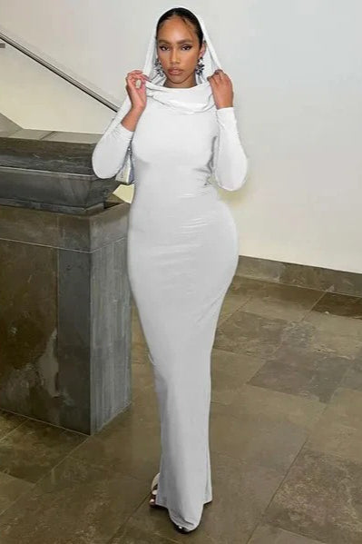 Cowl Neck Hooded Long Sleeve Bodycon Maxi Dress - View 7
